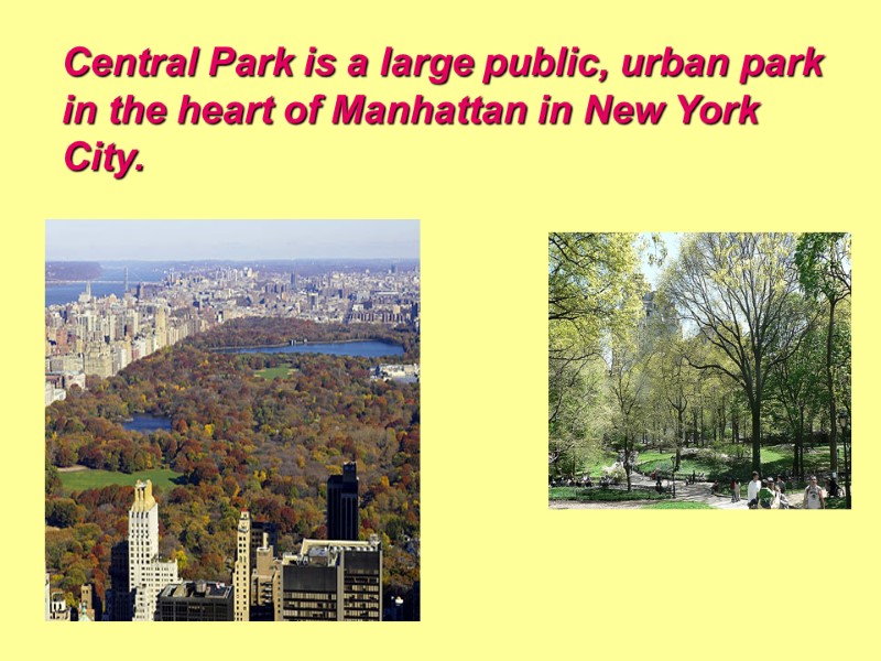 Central Park is a large public, urban park in the heart of Manhattan in